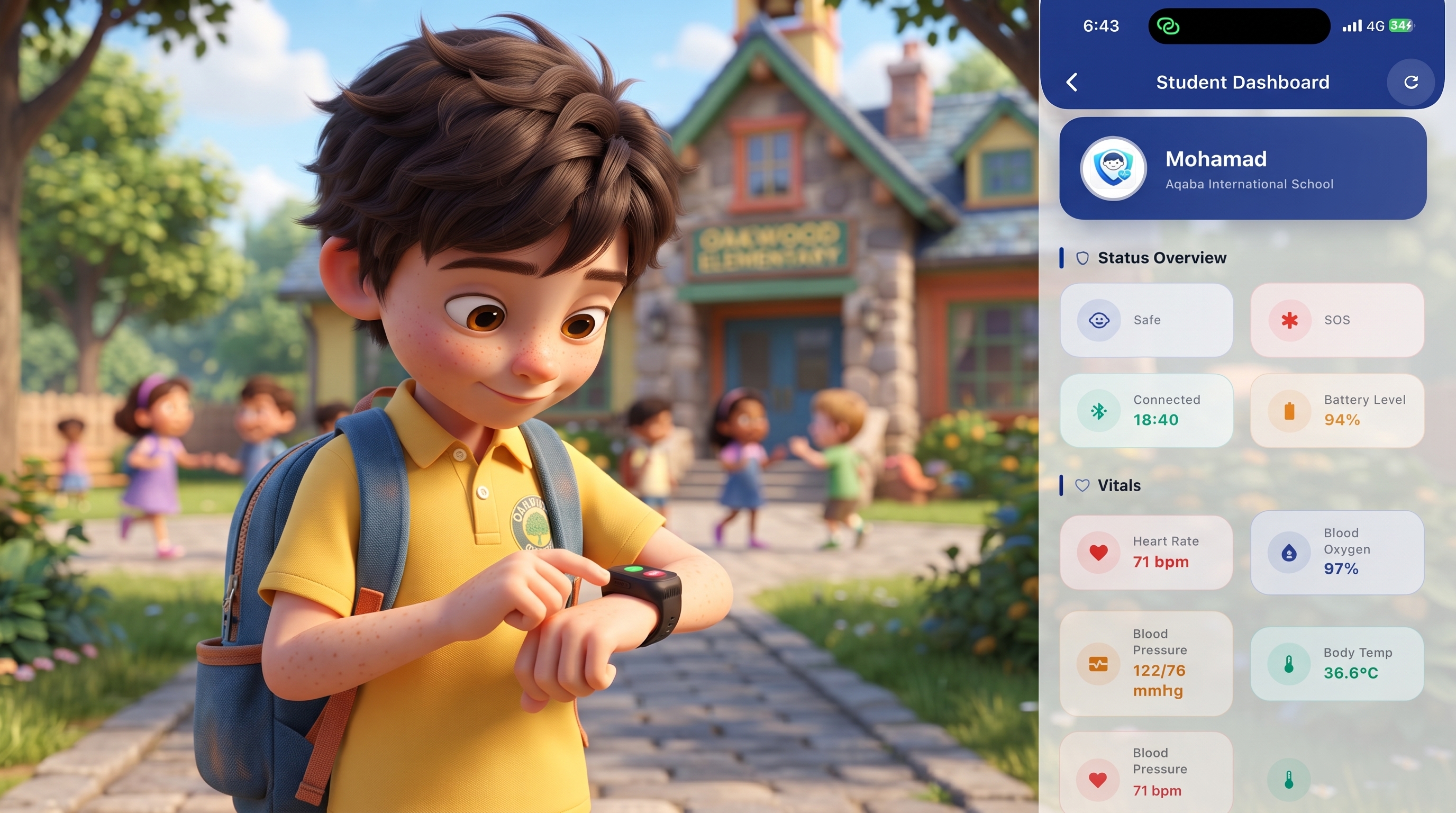 Child checking a Watchero bracelet in front of school, next to the parent app dashboard